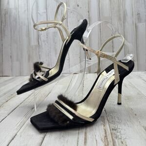 Santini Mavardi Black Suede Real Fur Trim Unique Gold Heels Designer Sz 40 US 9